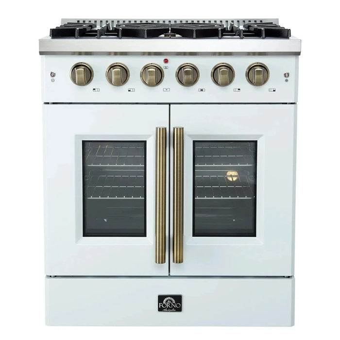 Forno Galiano 30" French Door Freestanding All Gas Range, White, Antique Brass Trim, FFSGS6444-30WHT09K