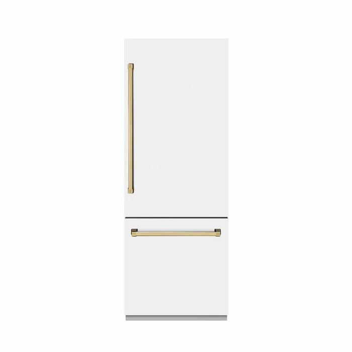ZLINE 30" Built-In Bottom Freezer Refrigerator with Water Dispenser, Ice Maker, White Matte, Graphite Gray Interior, Polished Gold GRBIVZ-WM-30-G09K