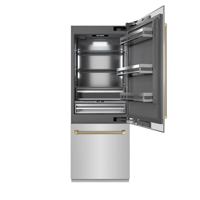 ZLINE Autograph Edition 30" Built-In Bottom Freezer Refrigerator, Water Dispenser, Ice Maker, Stainless Steel, Graphite Gray Interior,Helix Handles GRBIVZ-30430KCB09K