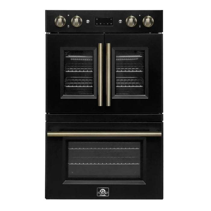 Forno Asti 30" Double Electric Wall Oven, Upper French Doors, Black with Antique Brass Trim, FBOEL1340-30BLK09K