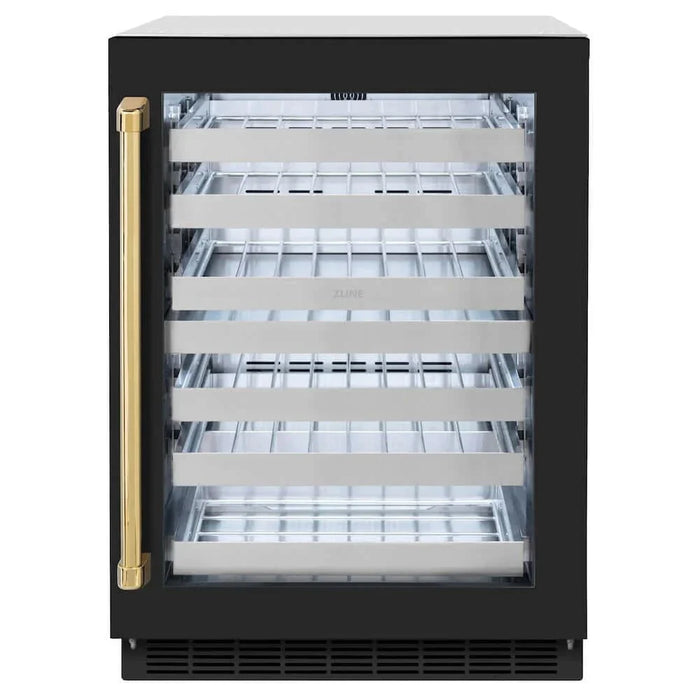 ZLINE 24" Touchstone Dual Zone 44 Bottle Wine Cooler Black Matte Glass Door Polished Gold Handle RWDOZ-BLM-24-G09K