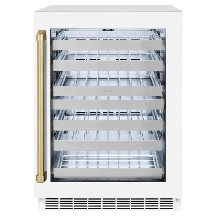 ZLINE 24" Touchstone Dual Zone 44 Bottle Wine Cooler White Matte Glass Door Champagne Bronze Handle RWDOZ-WM-24-CB09K