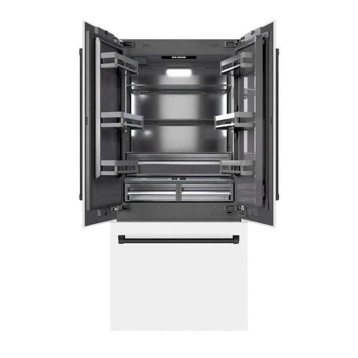 ZLINE 36" Built-In Bottom Freezer Refrigerator with Water Dispenser, Ice Maker, White Matte, Graphite Gray Interior, Matte Black GRBIVZ-WM-36-MB09K