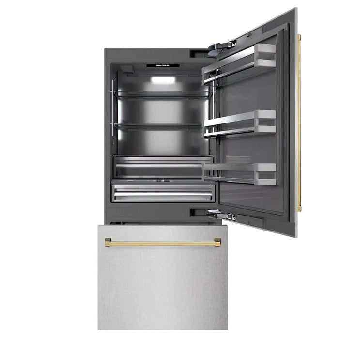 ZLINE 36" Built-In Bottom Freezer Refrigerator,Water Dispenser, Ice Maker, DuraSnow® Stainless Steel Graphite Gray Polished Gold GRBITZ-SN-36-G09K
