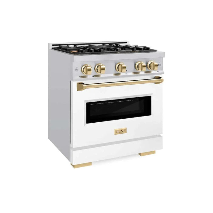 ZLINE 30" Classic Gas Range, Convection Gas Oven Stainless Steel, White Matte Door Polished Gold CGRZ-WM-30-G09K