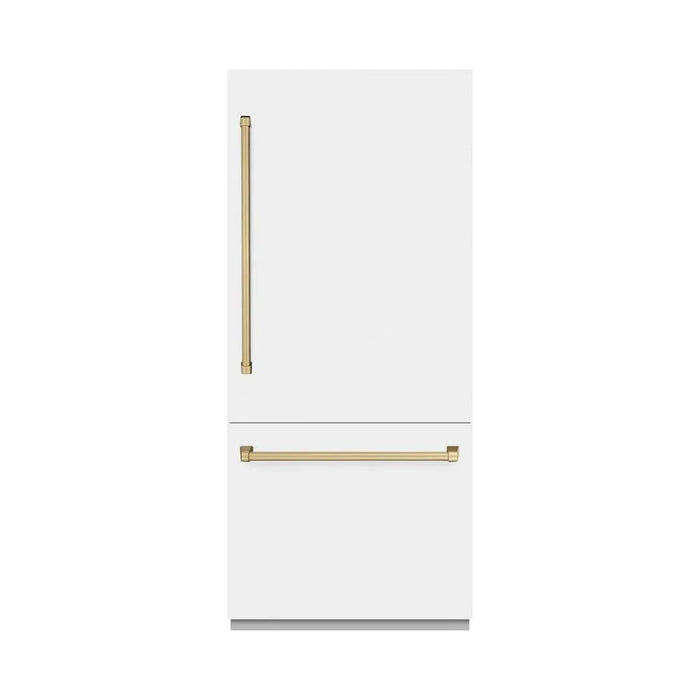 ZLINE 36" Built-In Bottom Freezer Refrigerator,Water Dispenser, Ice Maker, White Matte Champagne Bronze RBITZ-WM-36-CB09K