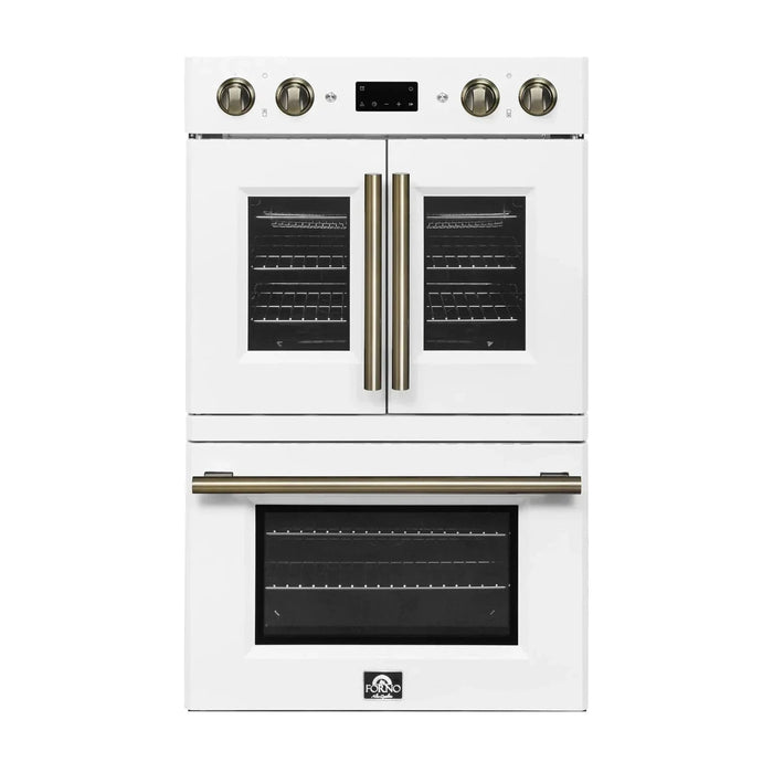 Forno Asti 30" Double Electric Wall Oven, Upper French Doors, White with Antique Brass Trim, FBOEL1340-30WHT09K