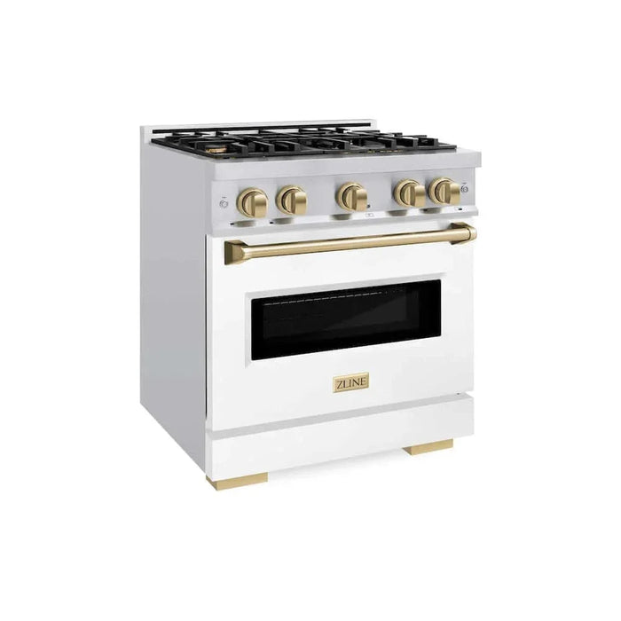 ZLINE 30" Classic Gas Range, Convection Gas Oven Stainless Steel, White Matte Door Champagne Bronze CGRZ-WM-30-CB09K
