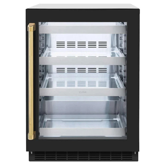 ZLINE 24" Touchstone 151 Can Beverage Fridge Black Matte Glass Door Gold RBSOZ-BLM-24-G09K