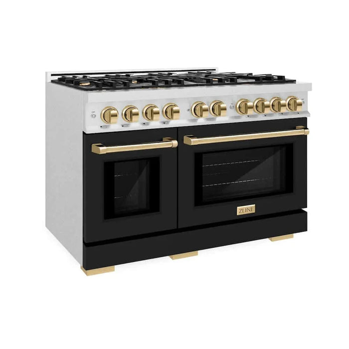 ZLINE 48" Select Gas Range  Convection Gas Oven DuraSnow® Stainless Steel Black Matte Door Gold HGRSZ-BLM-48-G09K