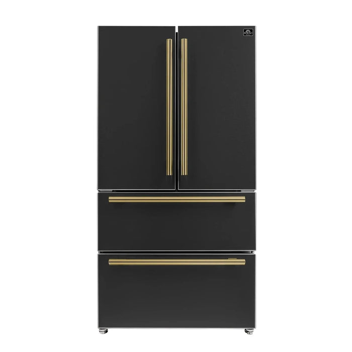Forno Espresso Moena 36"French Door Refrigerator, Black with Antique Brass Handle FFRBI1820-36BLK09K