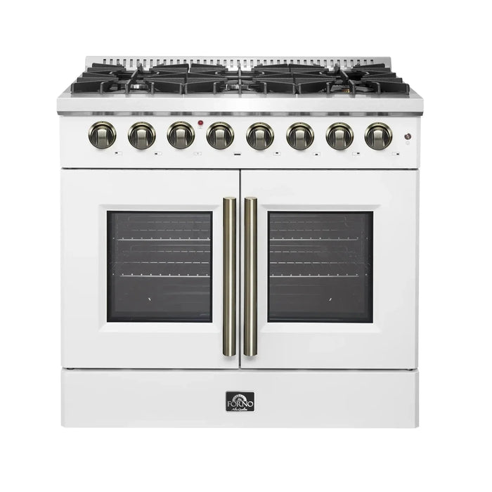 Forno Galiano 36"French DoorDual Fuel Range, Gas Stove, Electric Oven White, Antique Brass Trim, FFSGS6356-36WHT09K