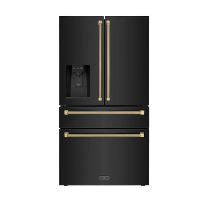 ZLINE Autograph Edition 36" Counter-Depth French Door Refrigerator, Water, Ice Dispenser, Fingerprint-Resistant Black Stainless Steel, Helix Handles RFMZ-W36-BS-KCB09K