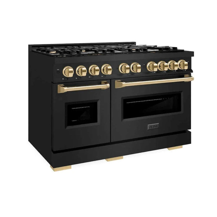 ZLINE 48" Dual Fuel Range, Gas Cooktop, Electric Convection Oven Black Stainless Steel, Gold CDRBZ-48-G09K