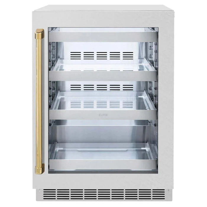 ZLINE 24" Touchstone 151 Can Beverage Fridge DuraSnow® Stainless Steel Glass Door Polished Gold Handle RBSOZ-SN-24-G09K