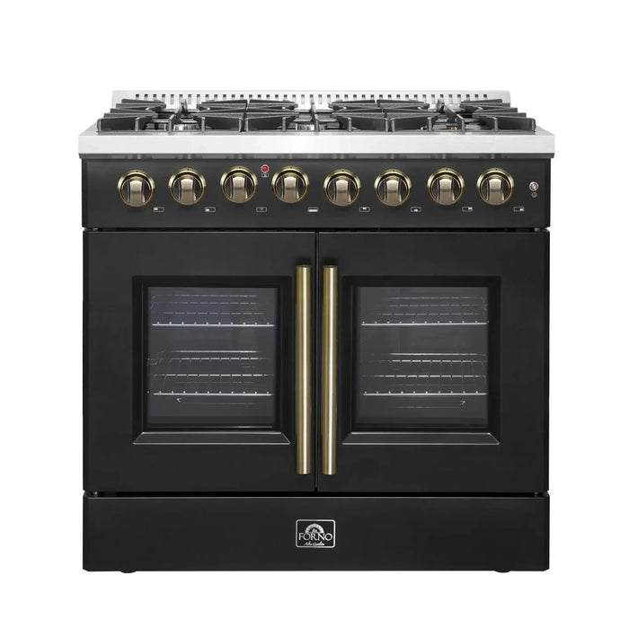 Forno Galiano 36"French DoorDual Fuel Range, Gas Stove, Electric Oven Black, Antique Brass Trim, FFSGS6356-36BLK09K