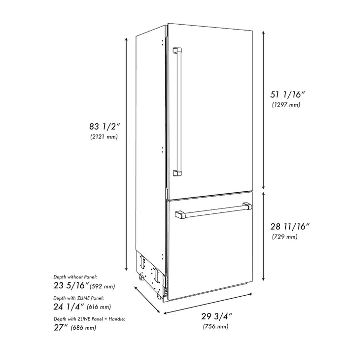 ZLINE Autograph Edition 30" Built-In Bottom Freezer Refrigerator, Water Dispenser, Ice Maker, Stainless Steel, Graphite Gray Interior,Helix Handles GRBIVZ-30430KCB09K