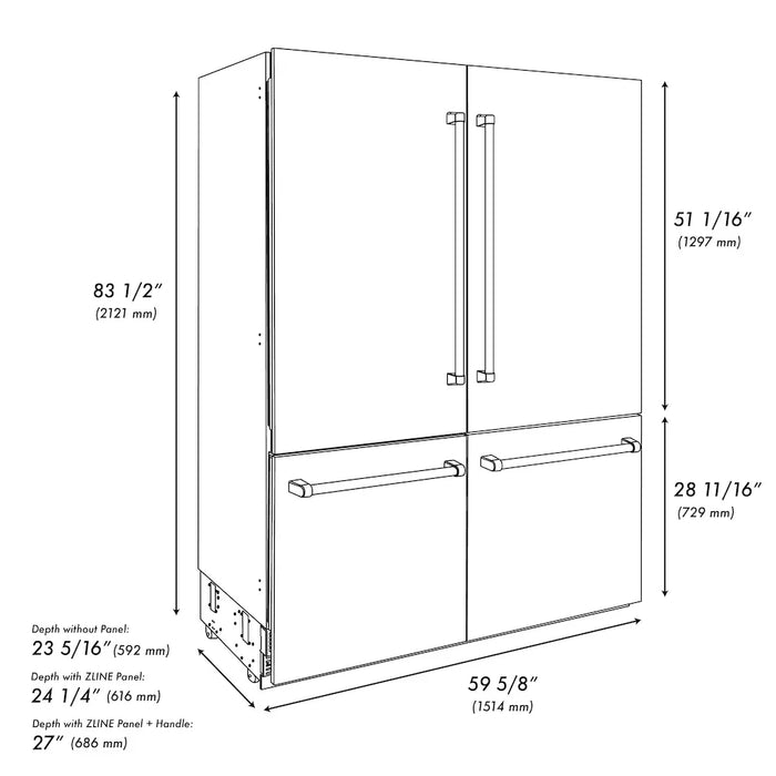 ZLINE Autograph Edition 60" French Door Built-In Bottom Freezer Refrigerator, Water Dispenser, Ice Maker, Black Stainless Steel, Graphite Gray Interior, Helix Handles GRBIVZ-BS60KCB09K