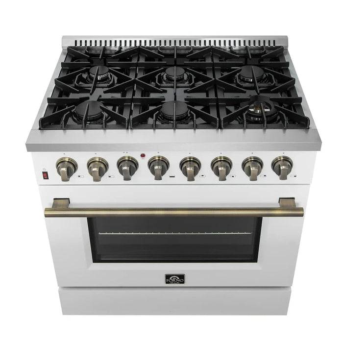 Forno Galiano Gold Professional - 36"Freestanding Dual Fuel Range Gas Stove, Electric Oven White, Antique Brass Trim, FFSGS6156-36WHT09K