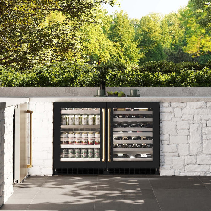 ZLINE 24" Touchstone 151 Can Beverage Fridge Black Matte Glass Door Gold RBSOZ-BLM-24-G09K