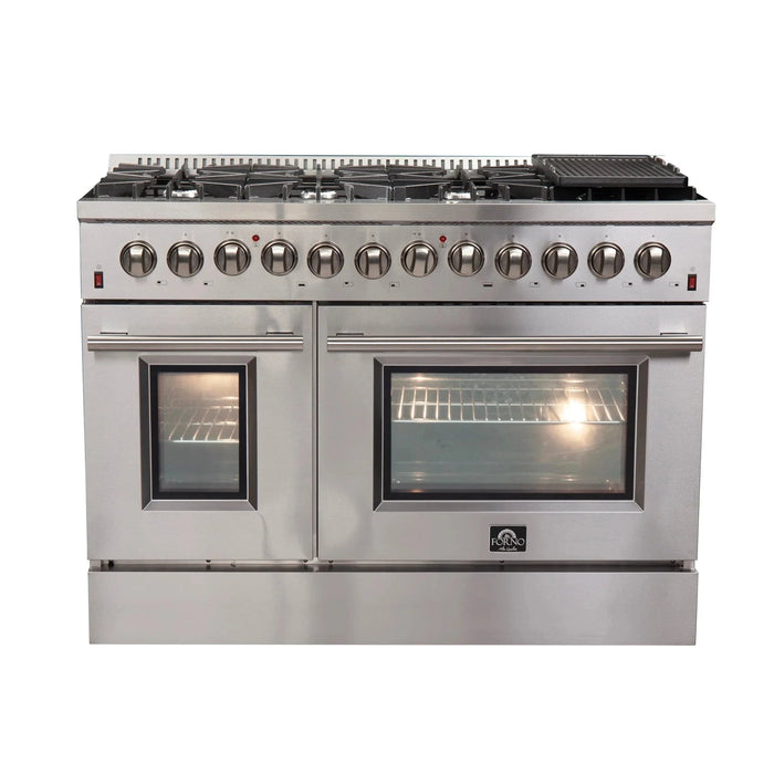 Forno Appliance Package - 48" Dual Fuel Range, Wall Mount Range Hood and 60" Refrigerator with Modern Grill Trim FBDL-017-04CAUS09K