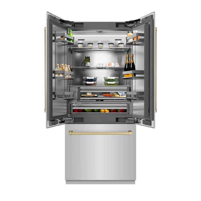 ZLINE 36" French Door Built-In Bottom Freezer Refrigerator, Water Dispenser, Ice Maker, Stainless Steel, Accents SRBIVZ-304-36CB09K