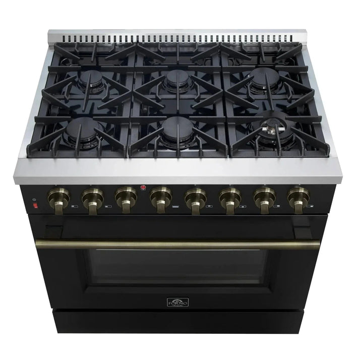 Forno Galiano Gold Professional - 36"Freestanding Dual Fuel Range Gas Stove, Electric Oven Black, Antique Brass Trim, FFSGS6156-36BLK09K