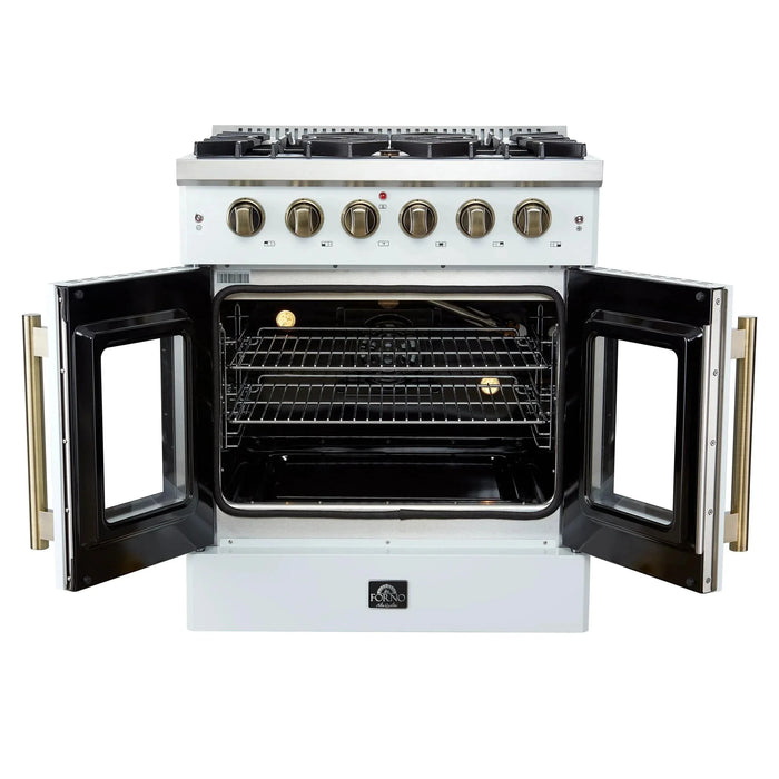 Forno Galiano 30" French Door Gas on Gas Range White Antique Brass Trim FFSGS6444-30WHT09K