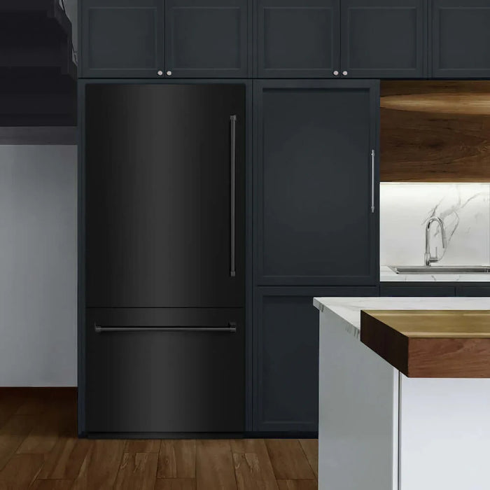 ZLINE 36" Built-In Bottom Freezer Refrigerator, Water Dispenser, Ice Maker, Black Stainless Steel, Graphite Gray Interior GRBIT-BS-3609K