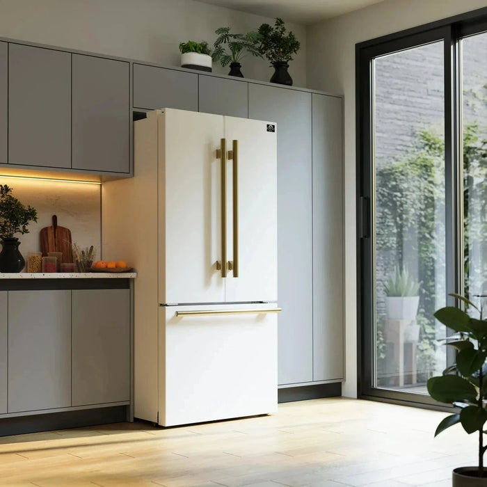 Forno Espresso Gallipoli 30"Door Refrigerator, Ice Maker in White, Antique Brass Handle FFFFD1974-31WHT09K