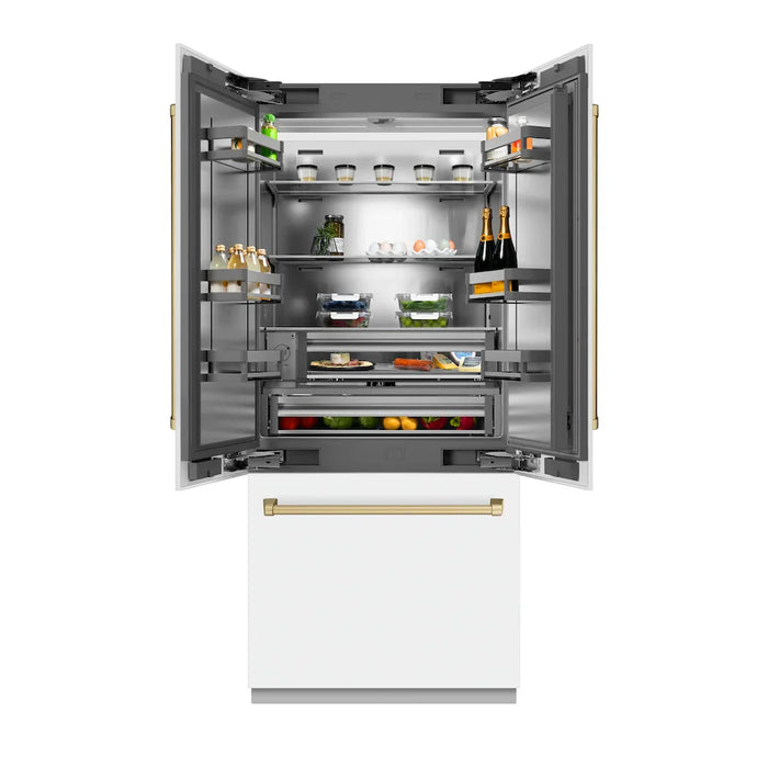 ZLINE 36" French Door Built-In Bottom Freezer Refrigerator, Water Dispenser, Ice Maker, White Matte, Stainless Steel, Accents SRBIVZ-WM-36-CB09K