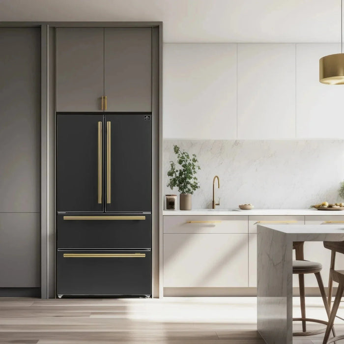Forno Espresso Moena 36"French Door Refrigerator, Black with Antique Brass Handle FFRBI1820-36BLK09K