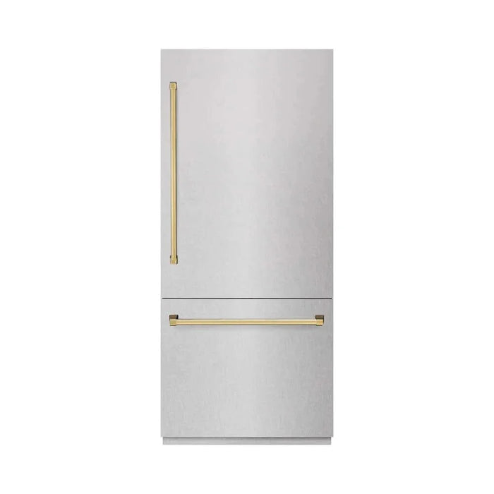 ZLINE 36" Built-In Bottom Freezer Refrigerator,Water Dispenser, Ice Maker, DuraSnow® Stainless Steel Graphite Gray Polished Gold GRBITZ-SN-36-G09K