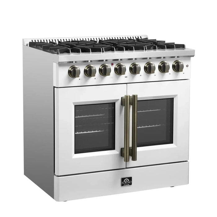 Forno Galiano 36"French DoorDual Fuel Range, Gas Stove, Electric Oven White, Antique Brass Trim, FFSGS6356-36WHT09K