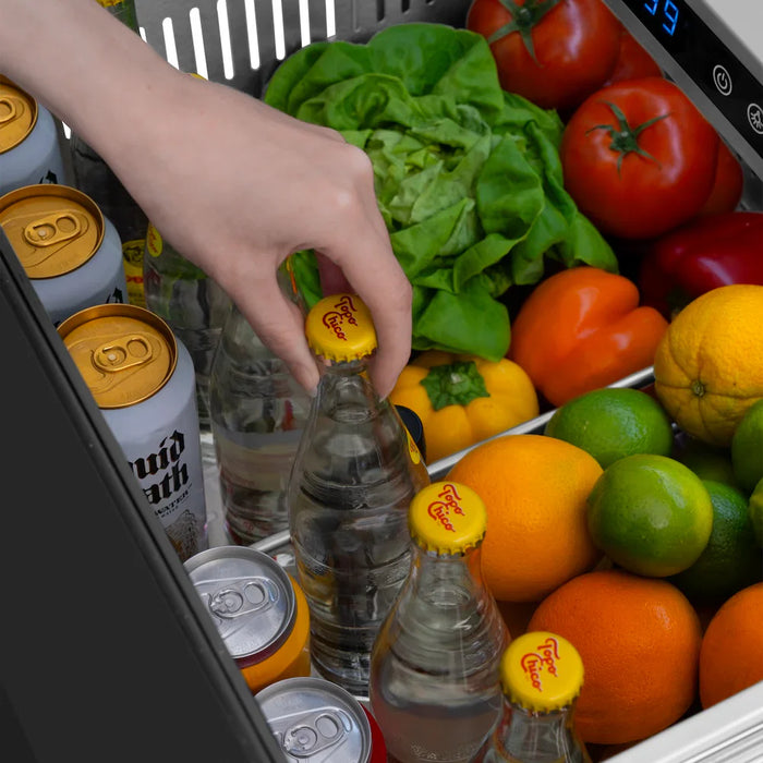 ZLINE Autograph Edition 24" Touchstone 168 Can Outdoor-Rated Dual Refrigerator Drawer, Black Stainless Steel Doors, Helix Handles RDSOZ-BS-24-KCB09K