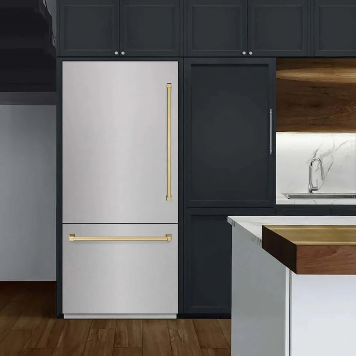 ZLINE 36" Built-In Bottom Freezer Refrigerator,Water Dispenser, Ice Maker, DuraSnow® Champagne Bronze RBITZ-SN-36-CB09K