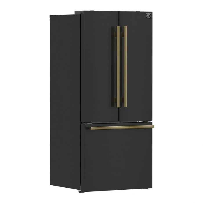 Forno Espresso Gallipoli 30"Door Refrigerator, Ice Maker in Black, Antique Brass Handle FFFFD1974-31BLK09K