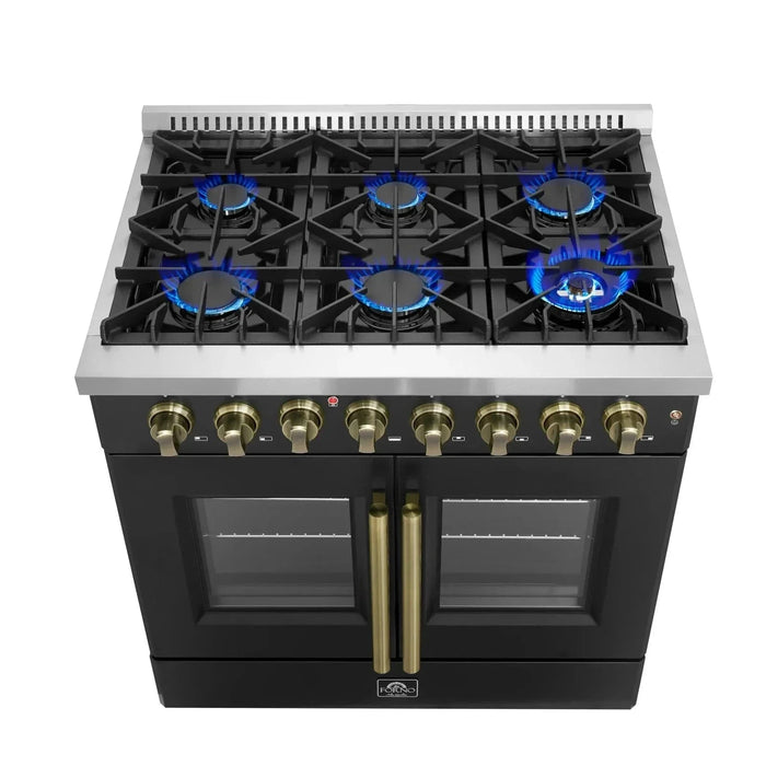 Forno Galiano 36"French DoorDual Fuel Range, Gas Stove, Electric Oven Black, Antique Brass Trim, FFSGS6356-36BLK09K