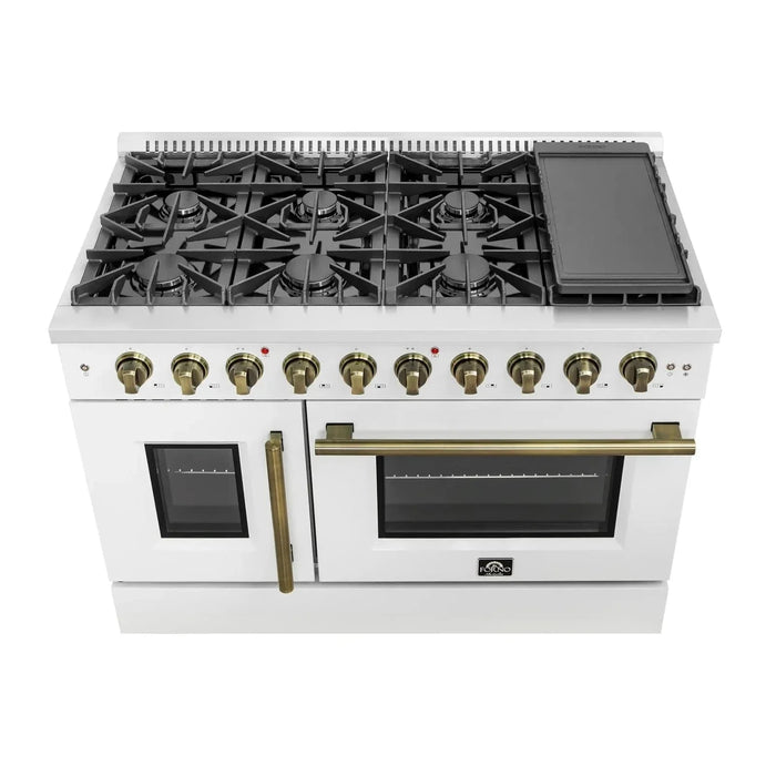 Forno Galiano 48"French Door Freestanding All Gas Range, White with Antique Brass Trim, FFSGS6444-48WHT09K
