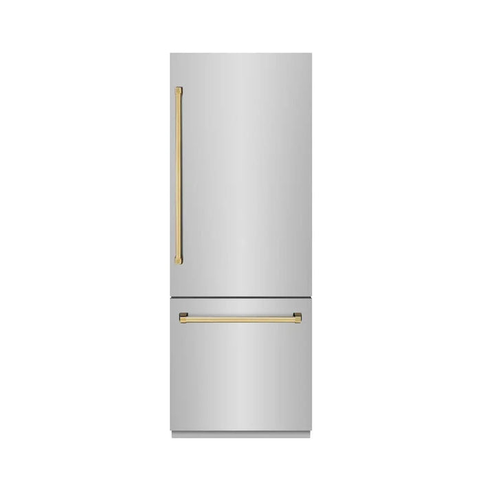 ZLINE 30" Built-In Bottom Freezer Refrigerator with Water Dispenser, Ice Maker, Stainless Steel, Graphite Gray Interior, Polished Gold GRBIVZ-304-30G09K