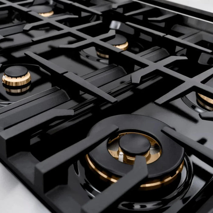 ZLINE 36" Classic Gas Range, Convection Gas Oven Stainless Steel, Black Matte Door Polished Gold CGRZ-BLM-36-G09K