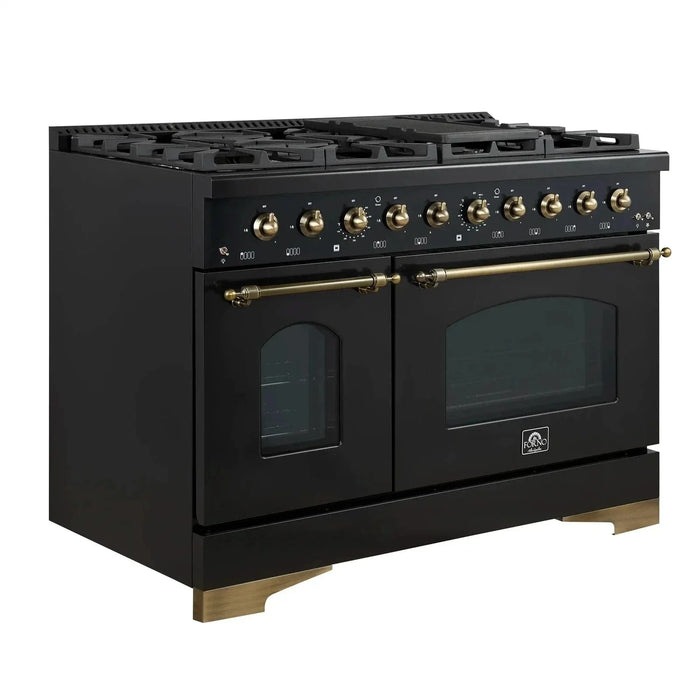 Forno Antico 48"Dual Range, 8 Gas Burner Cooktop, Electric Convection Oven Black, Antique Brass Trim, FFSGS6113-48BLK09K
