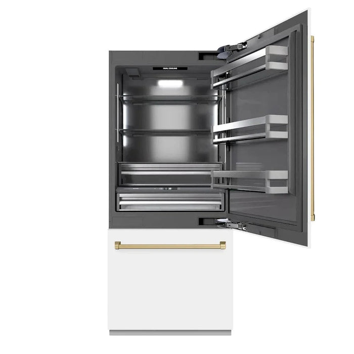 ZLINE 36" Built-In Bottom Freezer Refrigerator,Water Dispenser, Ice Maker, White Matte Graphite Gray Champagne Bronze GRBITZ-WM-36-CB09K