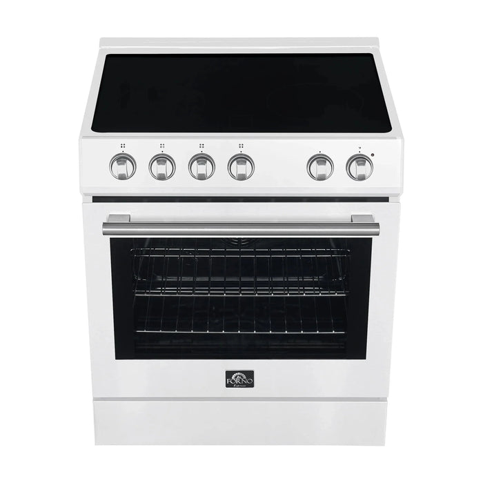 Forno Espresso Package - 30" Electric Range, Range Hood and Refrigerator in White with Silver Handles, FBDL-001-03US09K