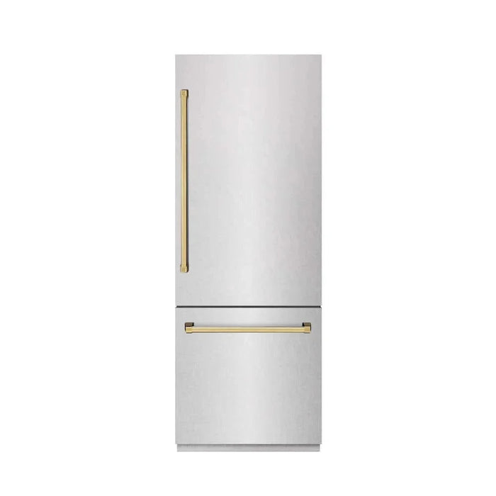 ZLINE 30" Built-In Bottom Freezer Refrigerator with Water Dispenser, Ice Maker, DuraSnow® Stainless Steel, Graphite Gray Interior, Polished Gold GRBIVZ-SN-30-G09K