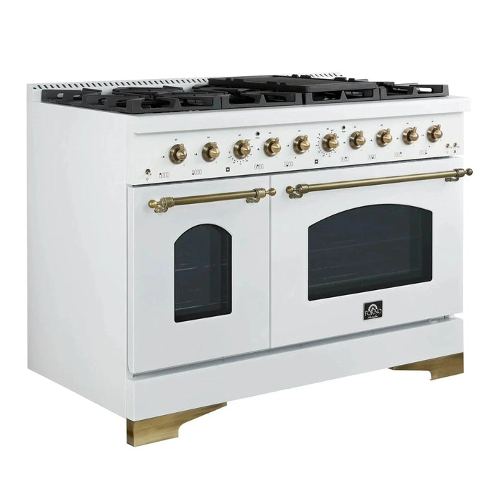 Forno Antico 48"Gas Range 8 Gas Burner Cooktop, Gas Convection Oven White, Antique Brass Trim, FFSGS6219-48WHT09K