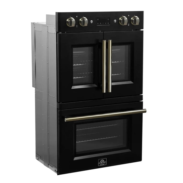 Forno Asti 30" Double Electric Wall Oven, Upper French Doors, Black with Antique Brass Trim, FBOEL1340-30BLK09K