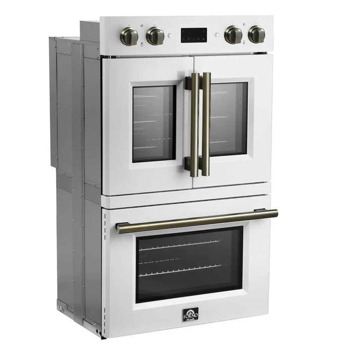 Forno Asti 30" Double Electric Wall Oven, Upper French Doors, White with Antique Brass Trim, FBOEL1340-30WHT09K