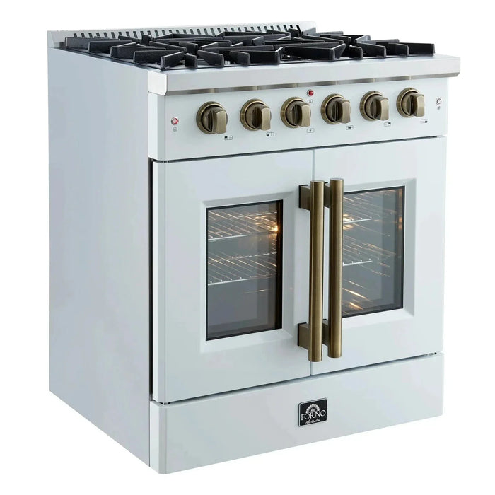 Forno Galiano 30" French Door Freestanding All Gas Range, White, Antique Brass Trim, FFSGS6444-30WHT09K