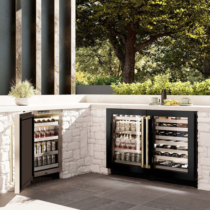 ZLINE 24" Touchstone 151 Can Beverage Fridge Black Stainless Steel Glass Door Champagne Bronze Handle RBSOZ-BS-24-CB09K